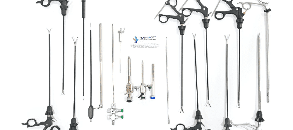 Laparoscopic surgical instruments set used in minimally invasive surgery including graspers, scissors, and trocars