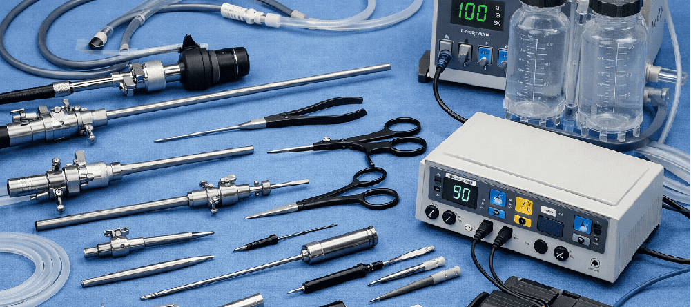 Hysteroscopy set with gynecology instruments used for minimally invasive uterine procedures