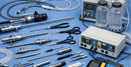 Hysteroscopy set with gynecology instruments used for minimally invasive uterine procedures