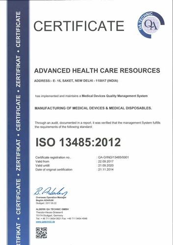 ISO 13485 Certificate – Advanced Health Care Resources ISO Certificate of Advanced Health Care Resources