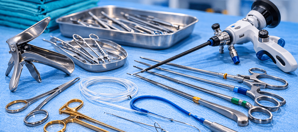 Gynecology, laparoscopic, and urology surgical instruments arranged on a sterile operating table
