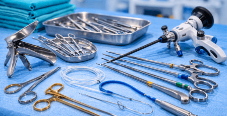 Gynecology, laparoscopic, and urology surgical instruments arranged on a sterile operating table
