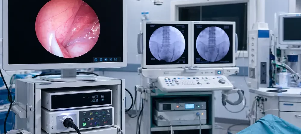 Modern endoscopy suite with advanced urology imaging systems and multiple diagnostic monitors