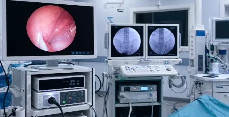 Modern endoscopy suite with advanced urology imaging systems and multiple diagnostic monitors