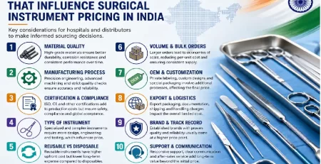 Infographic showing top 10 factors influencing surgical instrument pricing in India