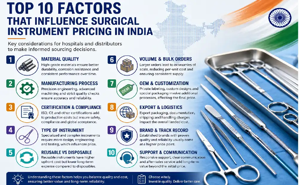 Infographic showing top 10 factors influencing surgical instrument pricing in India
