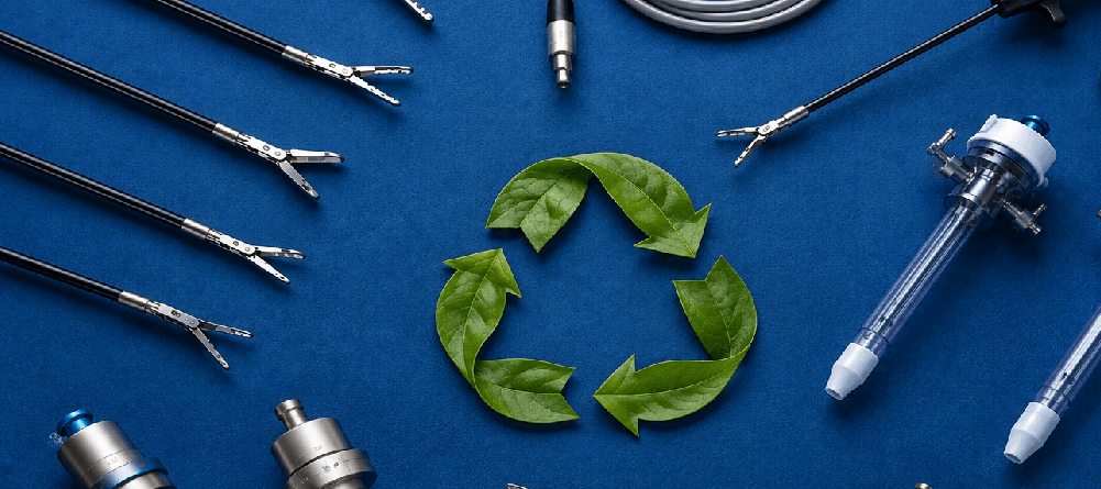 Reusable laparoscopic surgical instruments and trocars arranged around a green leaf recycle symbol on a blue textured background