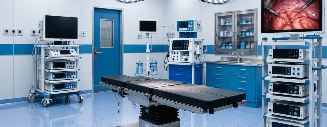 High-quality laparoscopy equipment, surgical lighting systems, and modular operating room tables inside an Indian ambulatory surgery center.