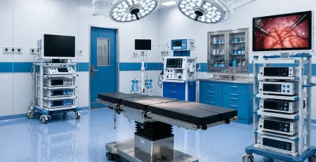High-quality laparoscopy equipment, surgical lighting systems, and modular operating room tables inside an Indian ambulatory surgery center.