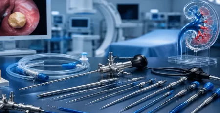 PCNL surgical instruments and nephroscopy tools arranged in a modern operating room for minimally invasive kidney stone treatment