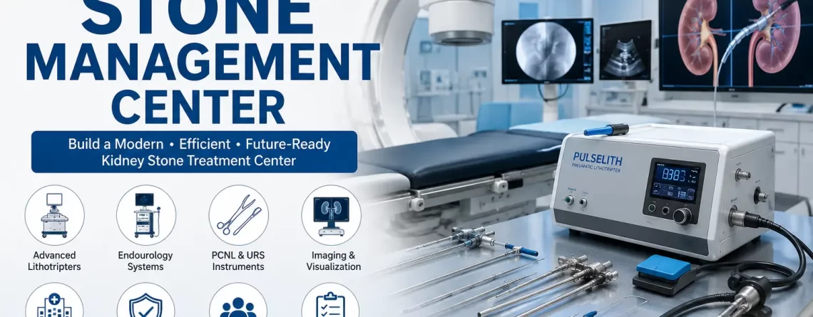 Stone management center setup with pneumatic lithotripter, PCNL instruments, endourology equipment, and kidney stone treatment systems