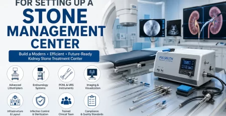 Stone management center setup with pneumatic lithotripter, PCNL instruments, endourology equipment, and kidney stone treatment systems
