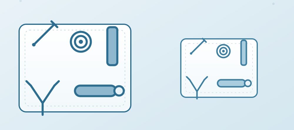 Illustration comparing a standard PCNL instrument set tray and a smaller Mini-PCNL instrument set tray with matching needle, dilator, sheath, and forceps icons